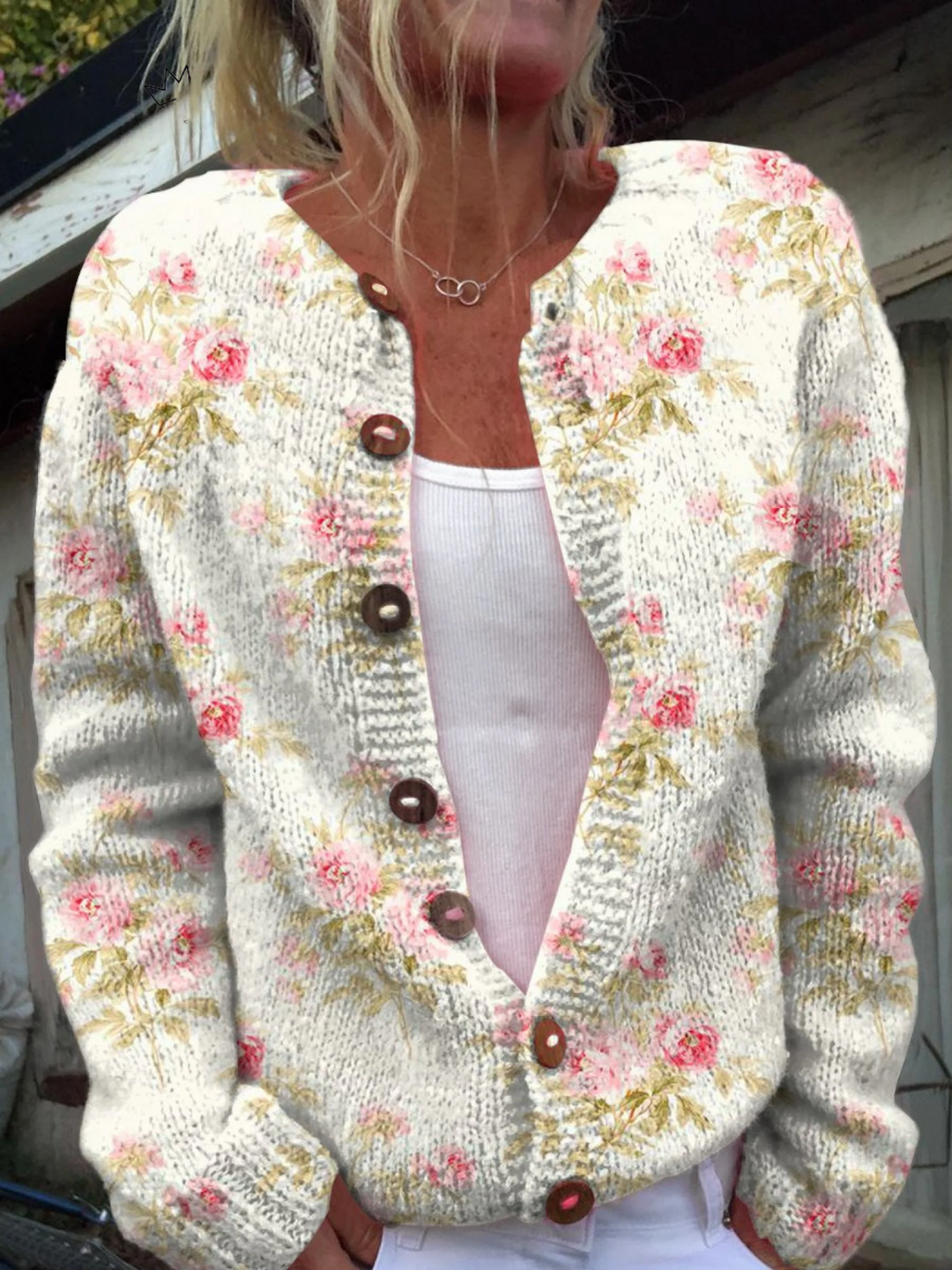 Pink Floral and Green Leaf Print Button-Front Cardigan Sweater