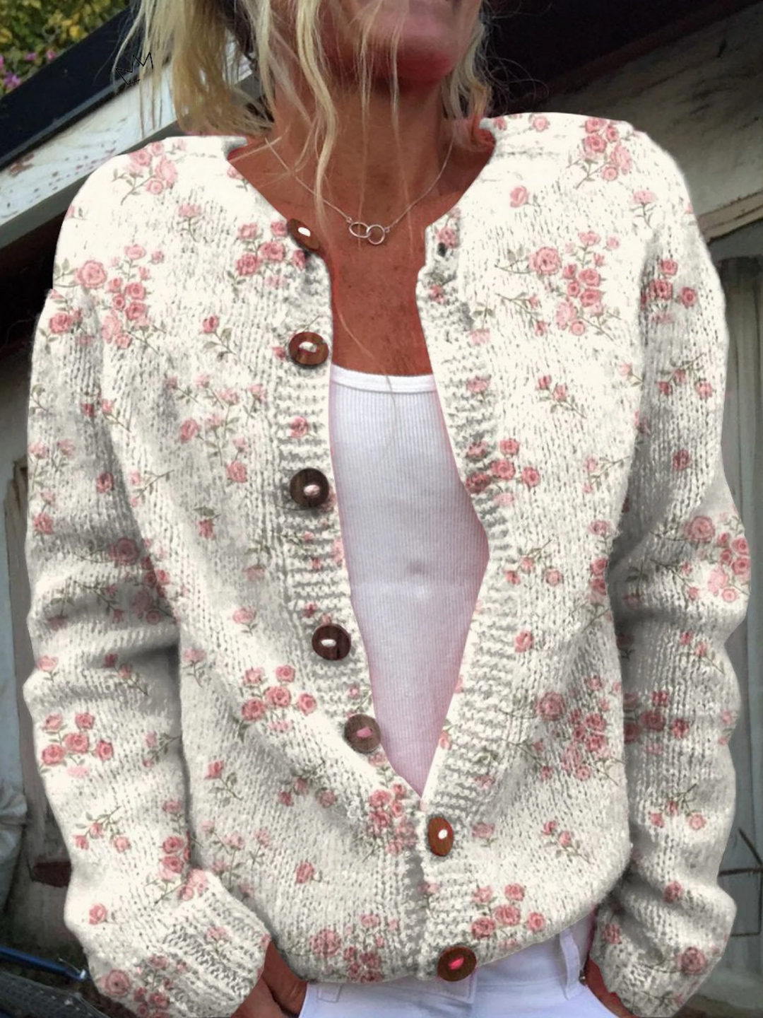 Pink Rose Floral Print Button-Front Cardigan Sweater
