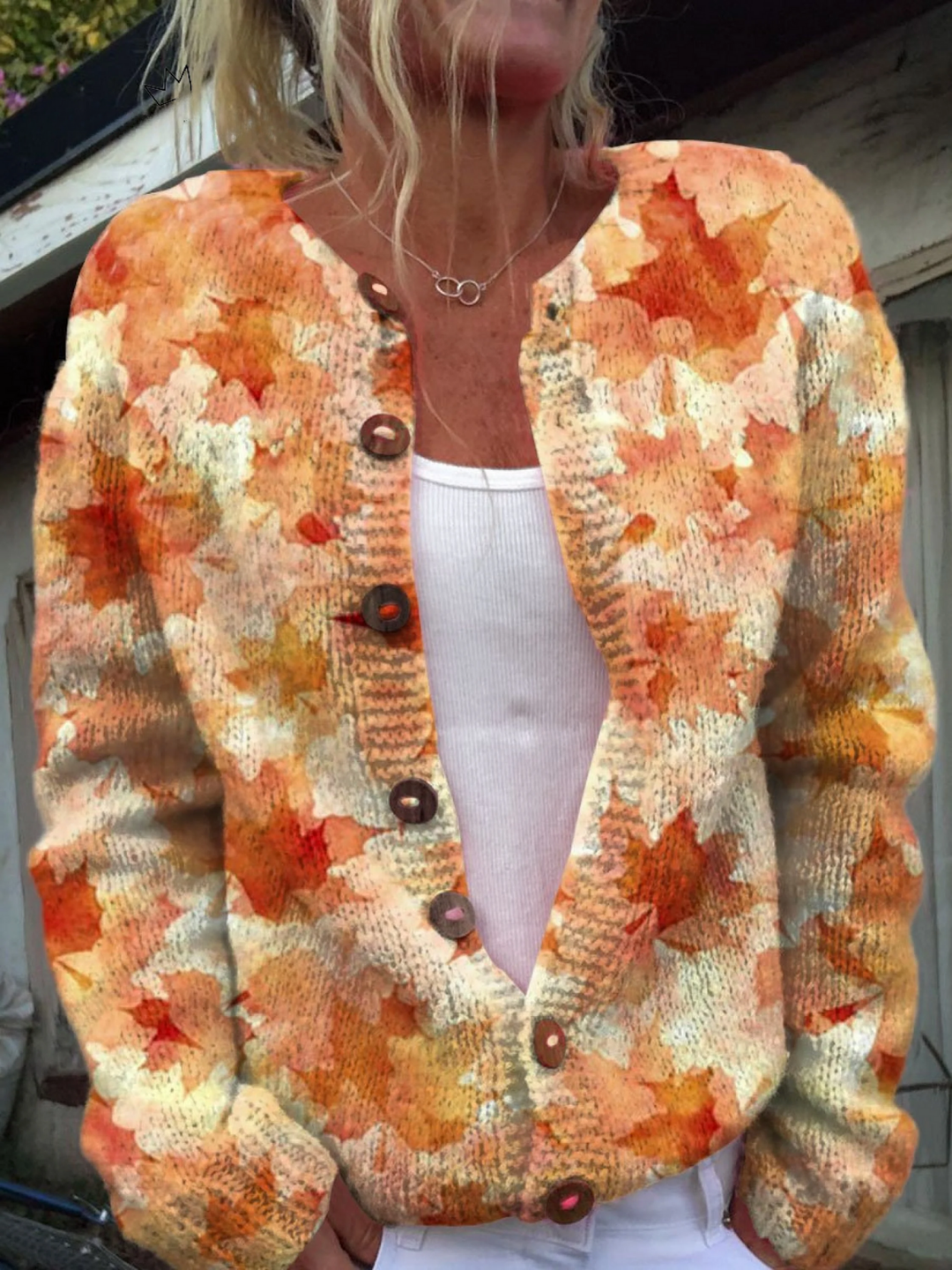 Autumn Maple Leaf Art Print Button-Front Cardigan Sweater