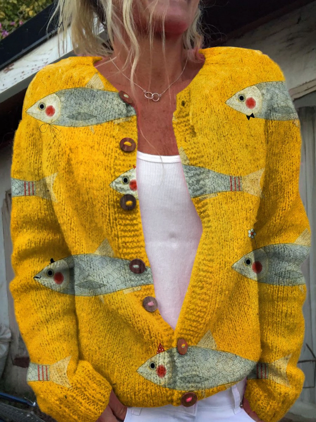 Vintage Sardines Art Print Button-Front Cardigan Sweater