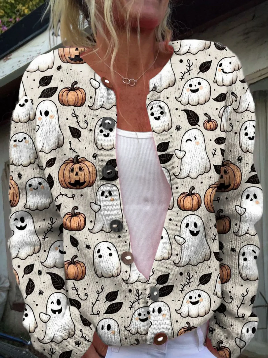 Halloween Ghost Art Print Button-Up Cardigan Sweater