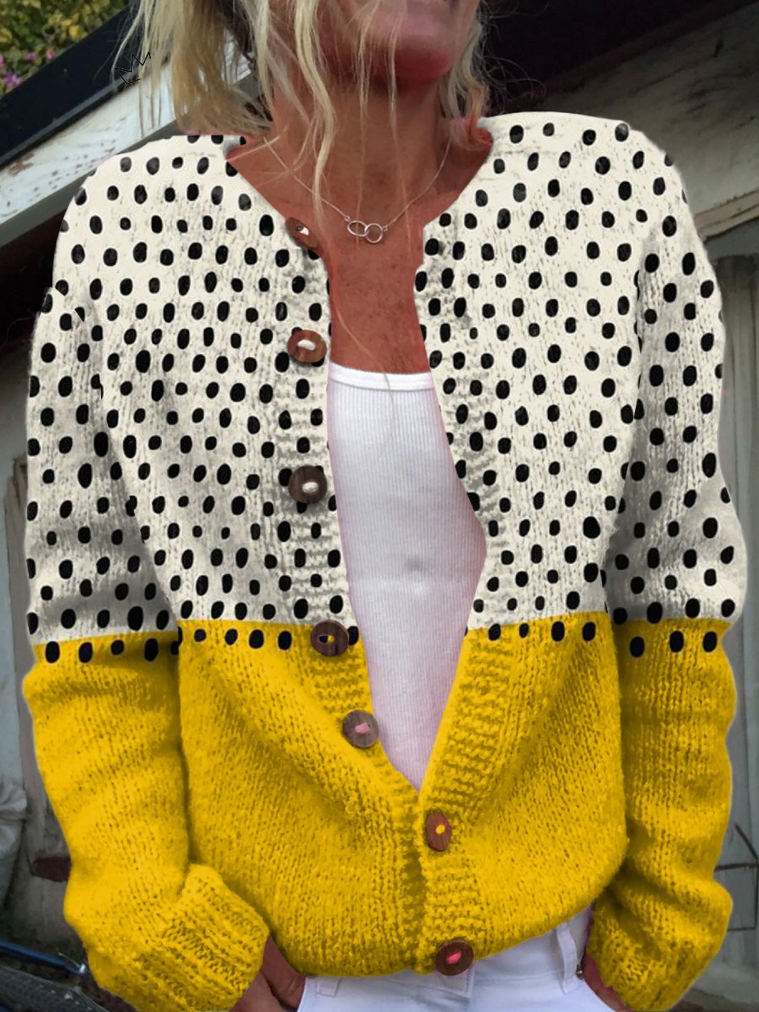 Yellow Geometric Polka Dot Button-Front Cardigan Sweater