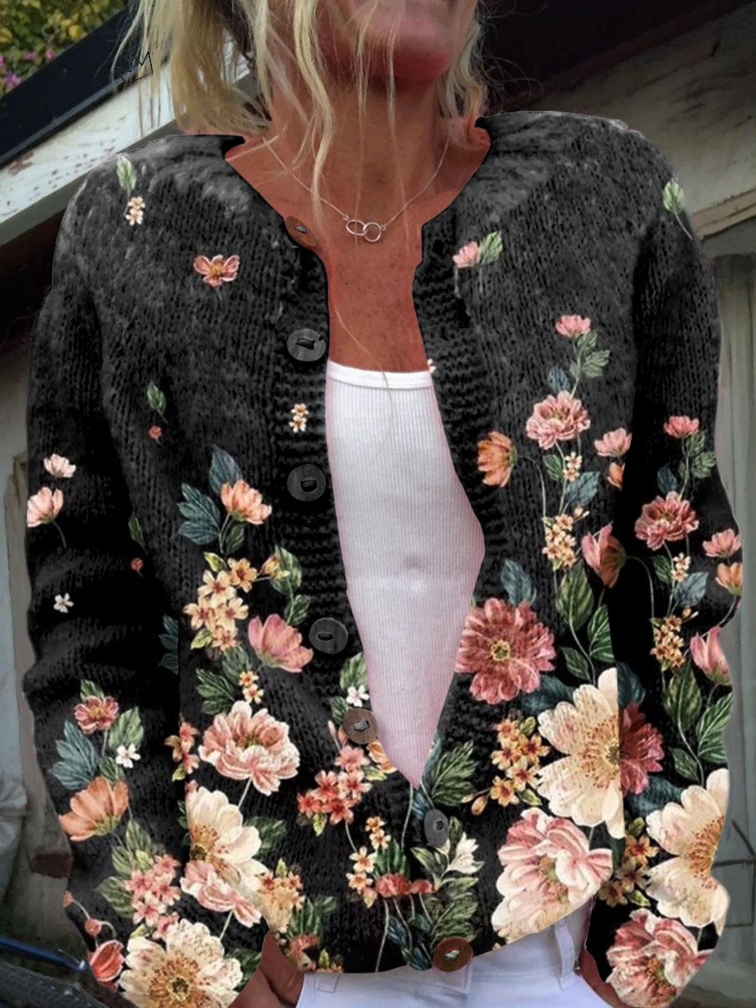 Floral Print Button-Up Casual Cardigan Sweater