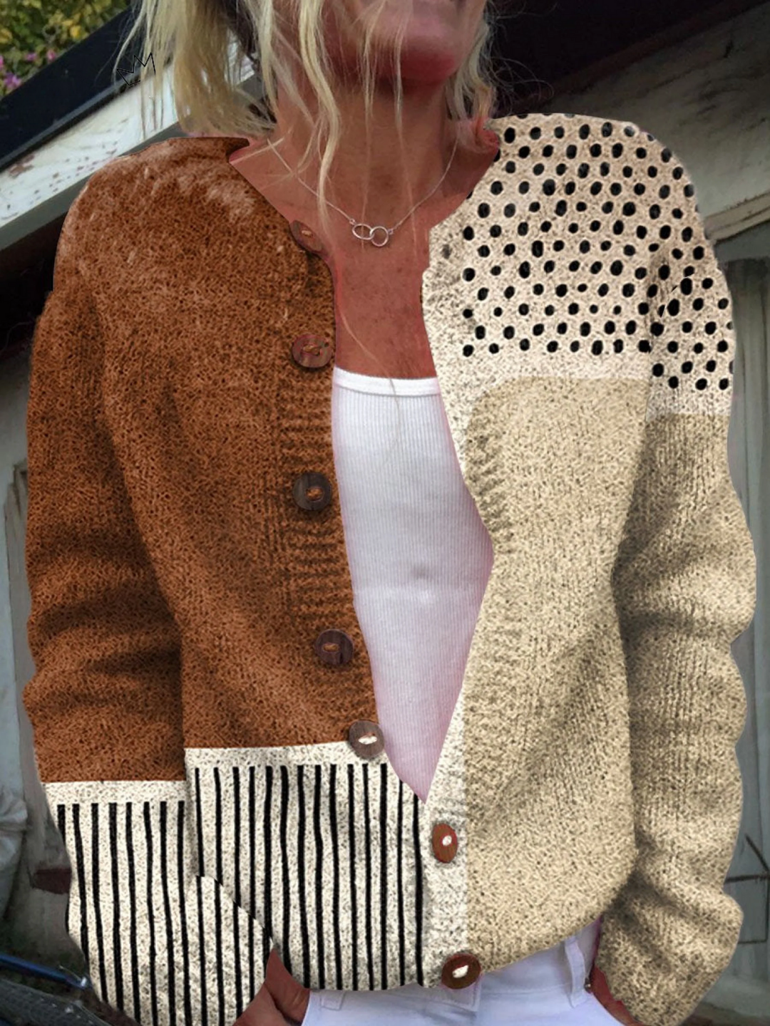 Minimalist Abstract Polka Dot Print Button-Front Cardigan Sweater