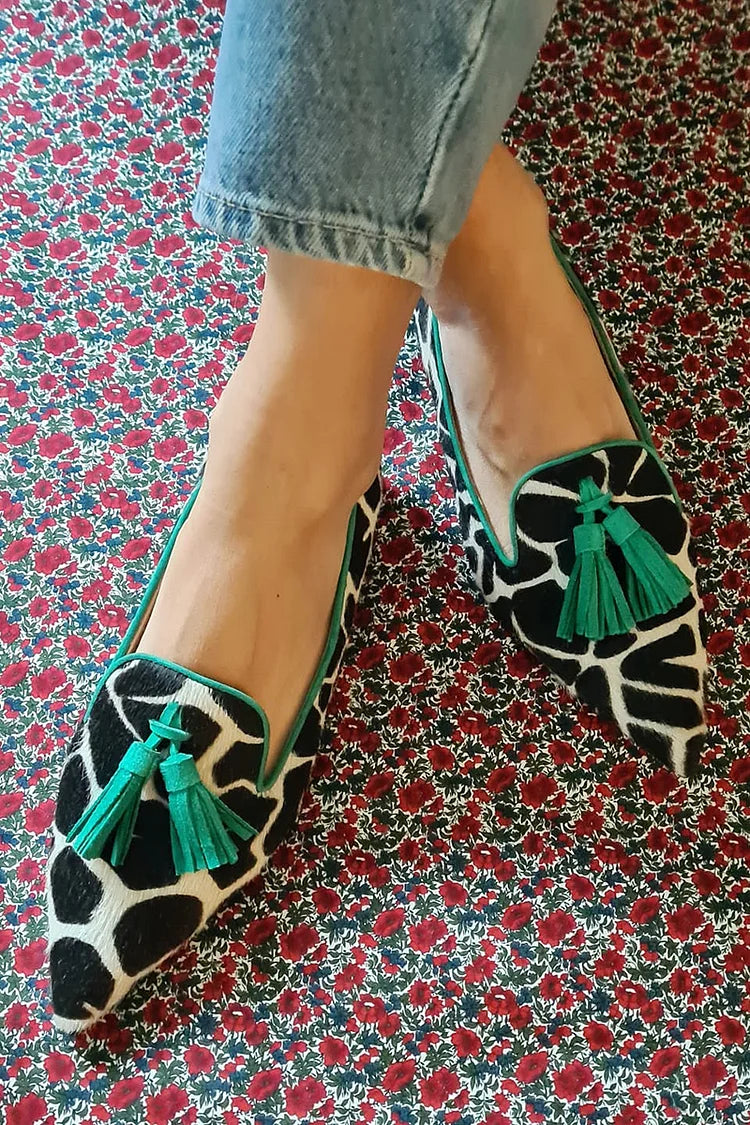 Pointed-Toe Giraffe-Print Loafer with Green Fringe