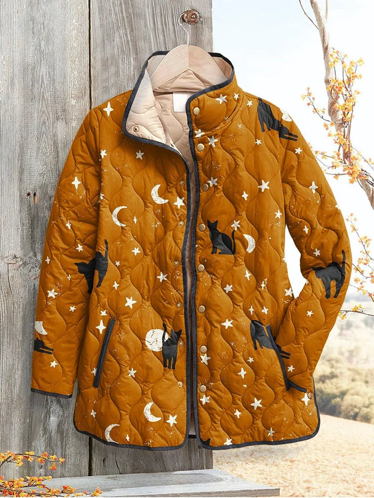 Quilted Casual Jacket Featuring Black Cat Halloween Design