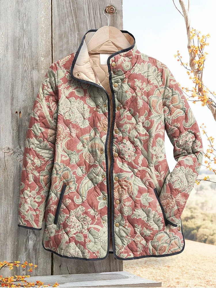 Vintage Floral Print Casual Quilted Jacket for Women