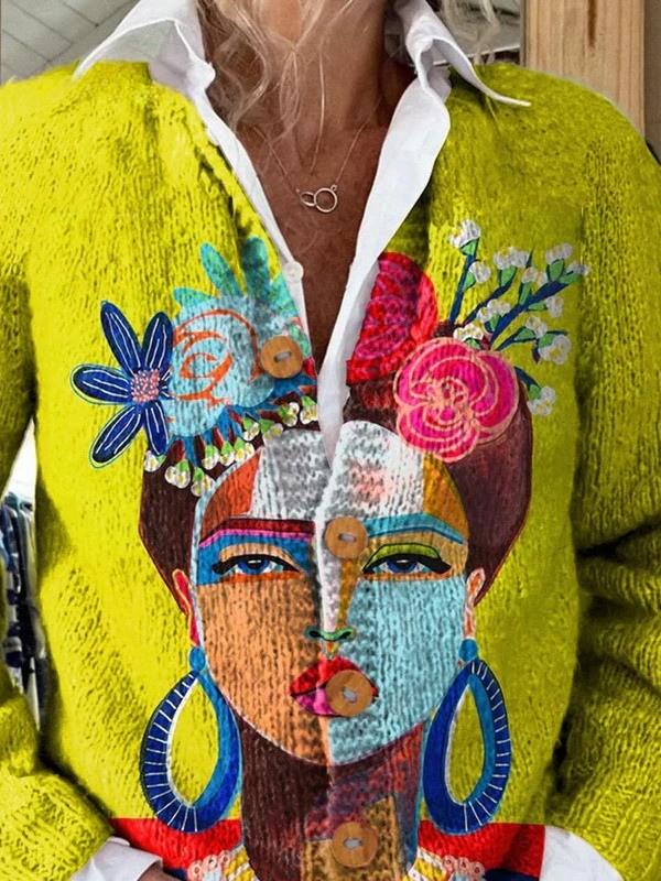 Freda Portrait Oil Painting Print Button-Front Cardigan Sweater