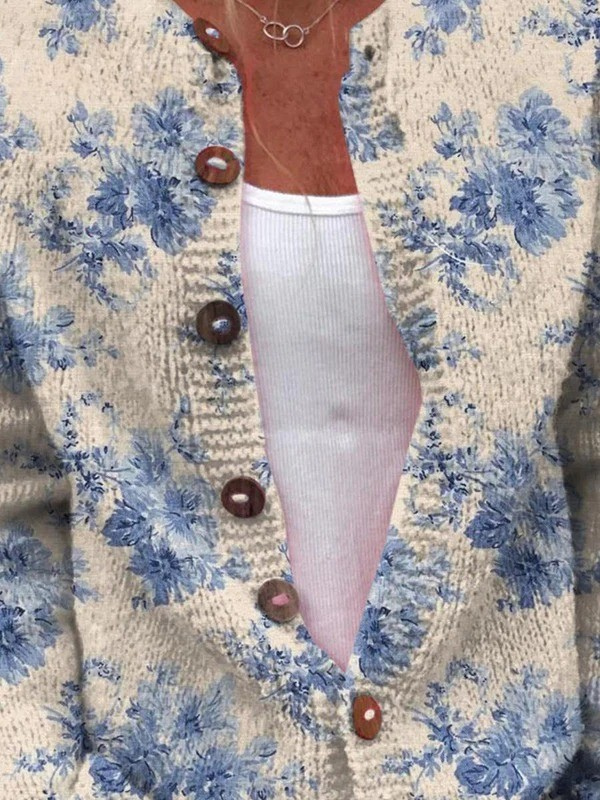 Women's Floral Art Print Button-Front Cardigan Sweater