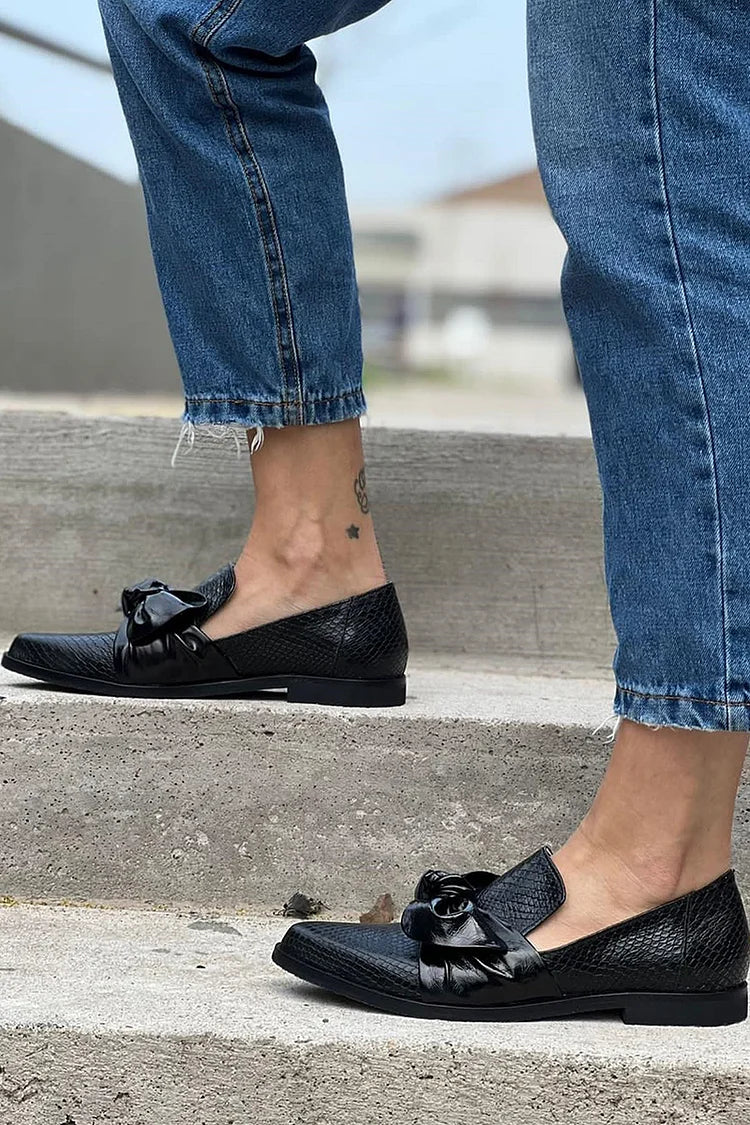 Black Loafer with Shiny Bow Accent