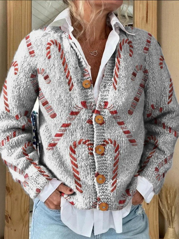 Festive Candy Cane Pattern Button-Up Knit Cardigan Sweater