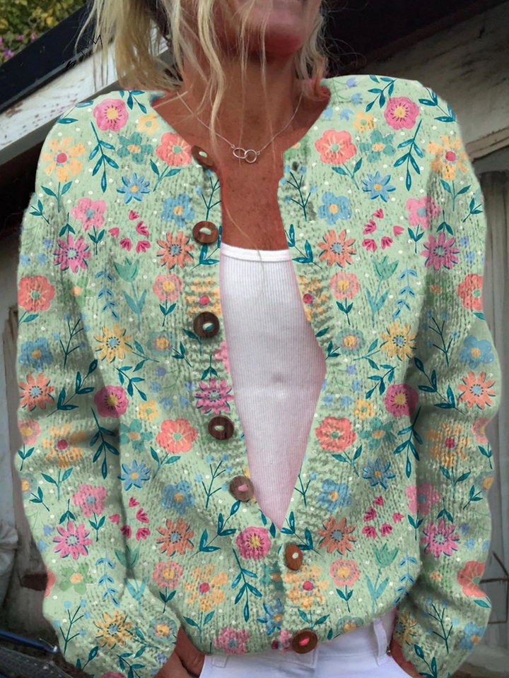 Summer Meadow Floral Print Button-Front Cardigan Sweater