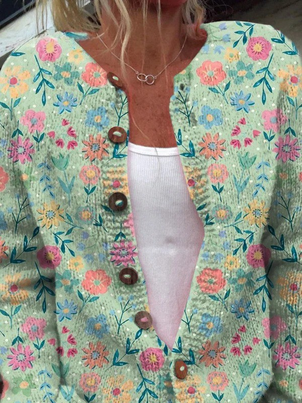 Summer Meadow Floral Print Button-Front Cardigan Sweater